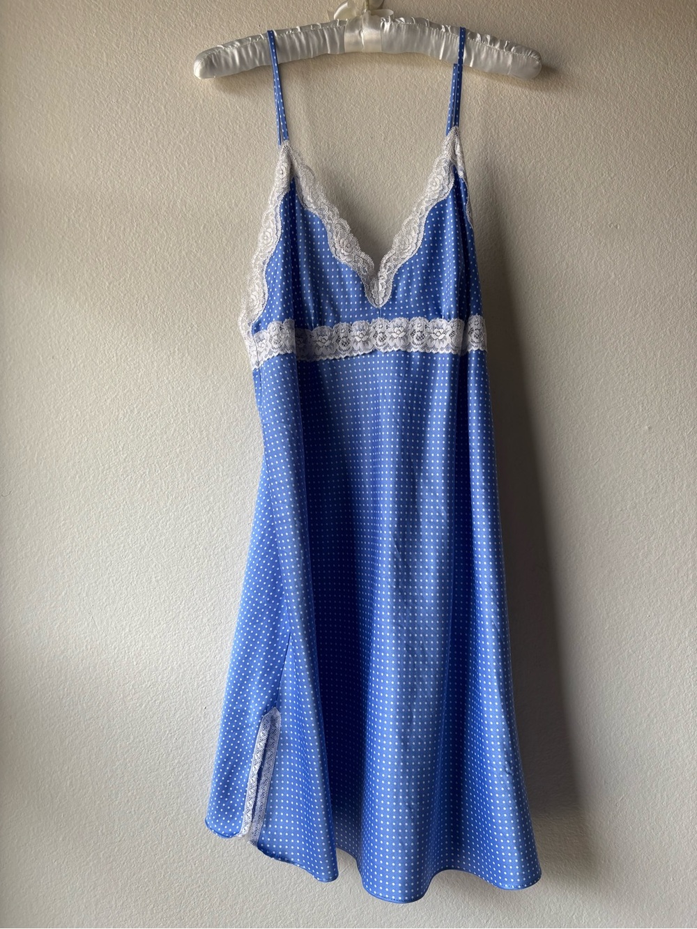 Vintage Lauren Ralph Lauren Lace-Trim Polka Dot Slip Blue Dress Chemise